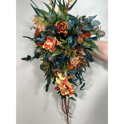 Teal Orange Bouquet Wedding Bridal Cascade Bouquet Terracotta Rustic Dark Teal Rust Orchid Eucalyptus Thistle Burnt Orange Artificial Flower
