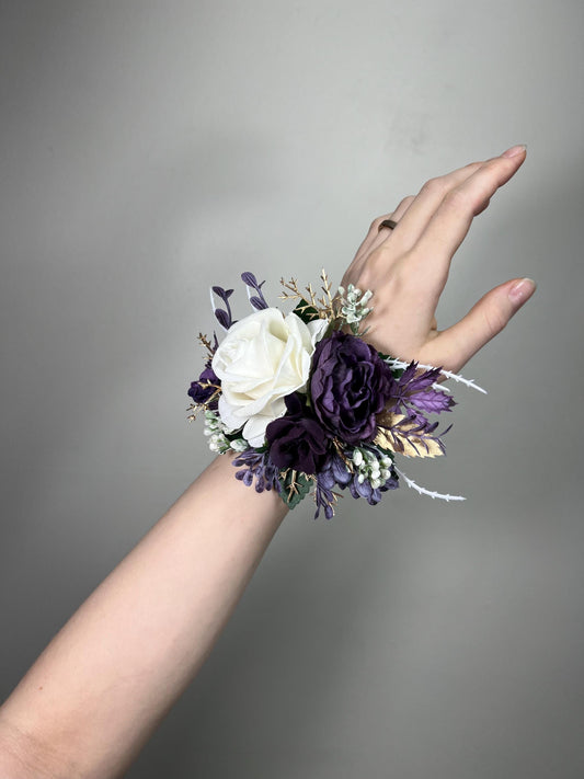 Plum Corsage Wedding White Plum Wrist Corsages Ivory Bridesmaids Dark Purple Corsage White Plum Artificial Flowers Silk Corsage Prom Plum