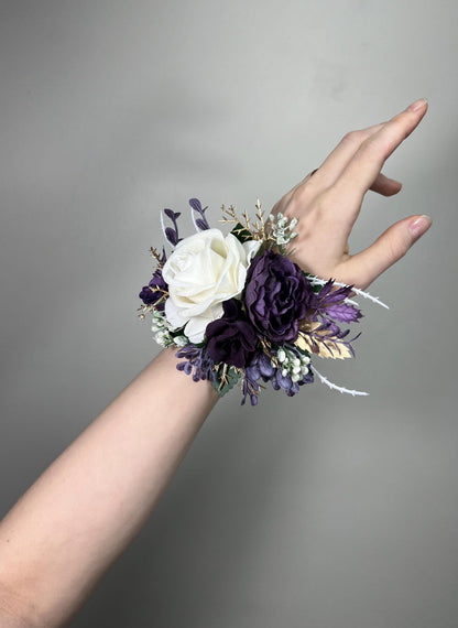 Plum Corsage Wedding White Plum Wrist Corsages Ivory Bridesmaids Dark Purple Corsage White Plum Artificial Flowers Silk Corsage Prom Plum