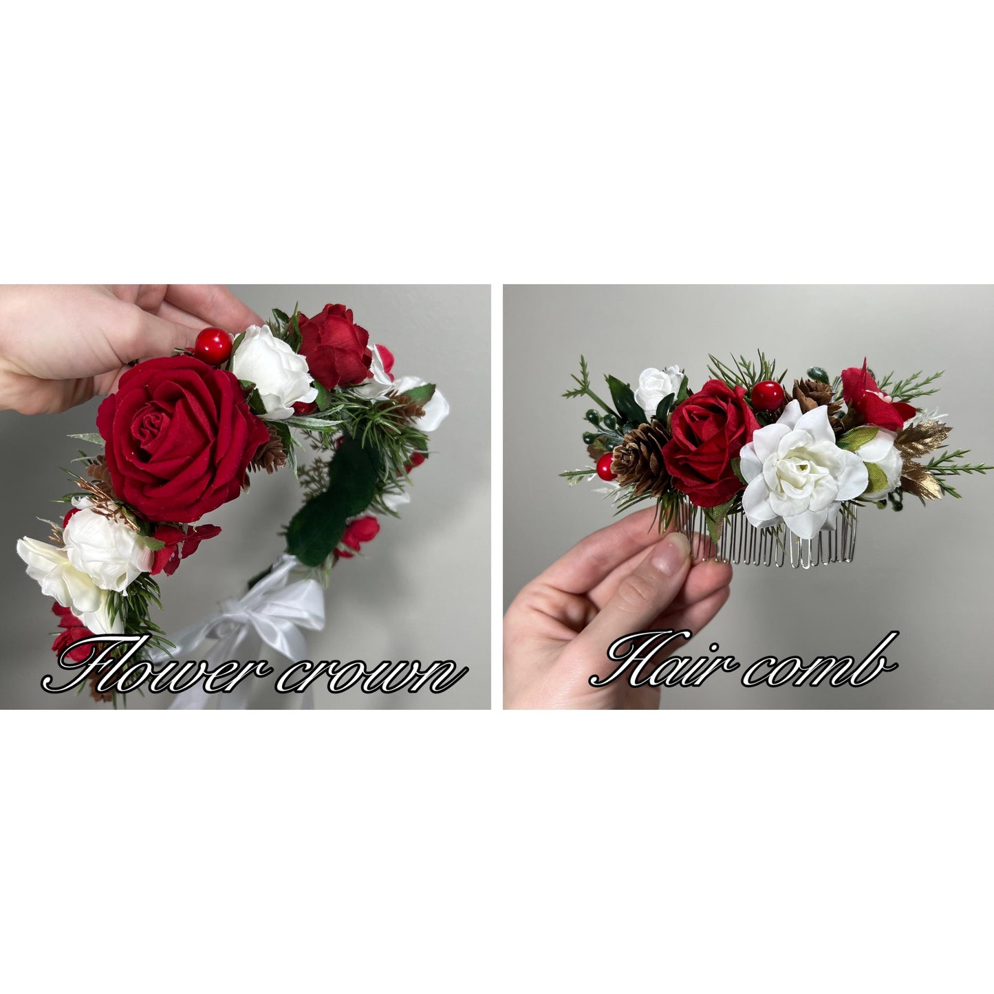 Christmas Bouquet White Red Wedding Bridesmaids Petite Bouquet Flower Girl Pine Cones Gold Winter Ivory Dark Red Artificial Flowers