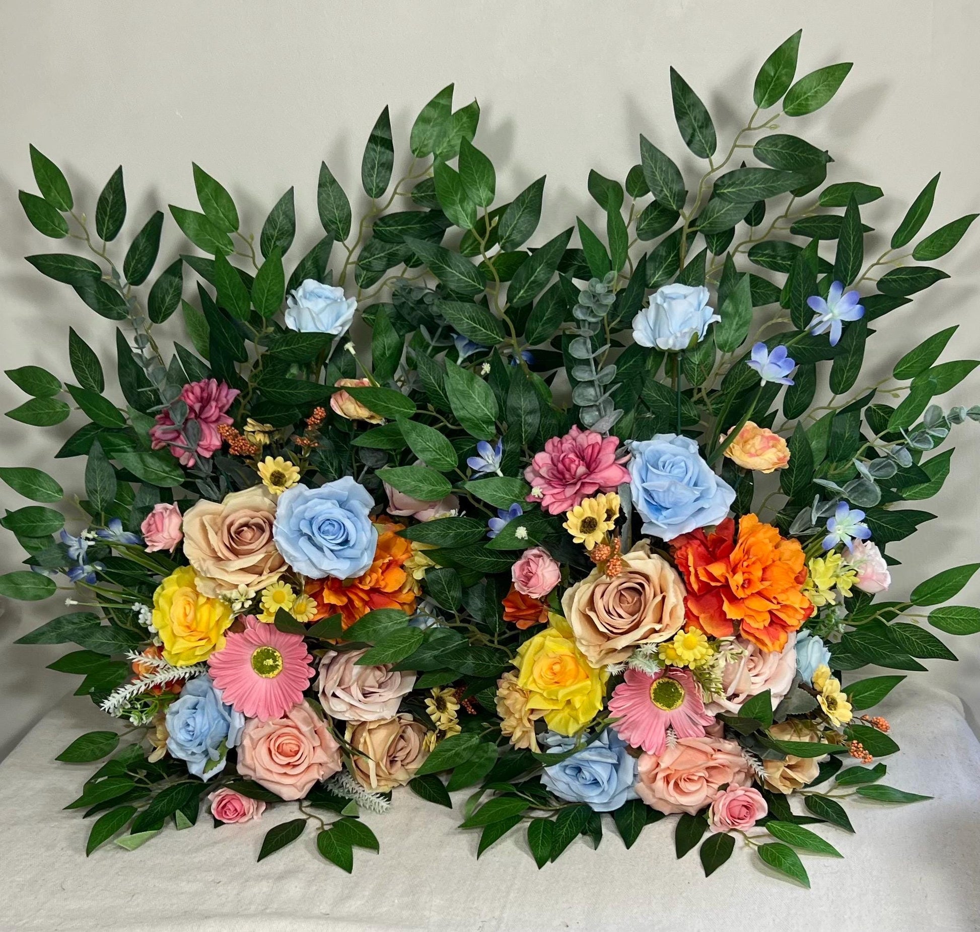 Wedding Aisle Marker Flower Floor Arrangement Whiskey Barrel Décor Wild Flowers Pink Blue Ground Arch Wildflowers Colorful Orange