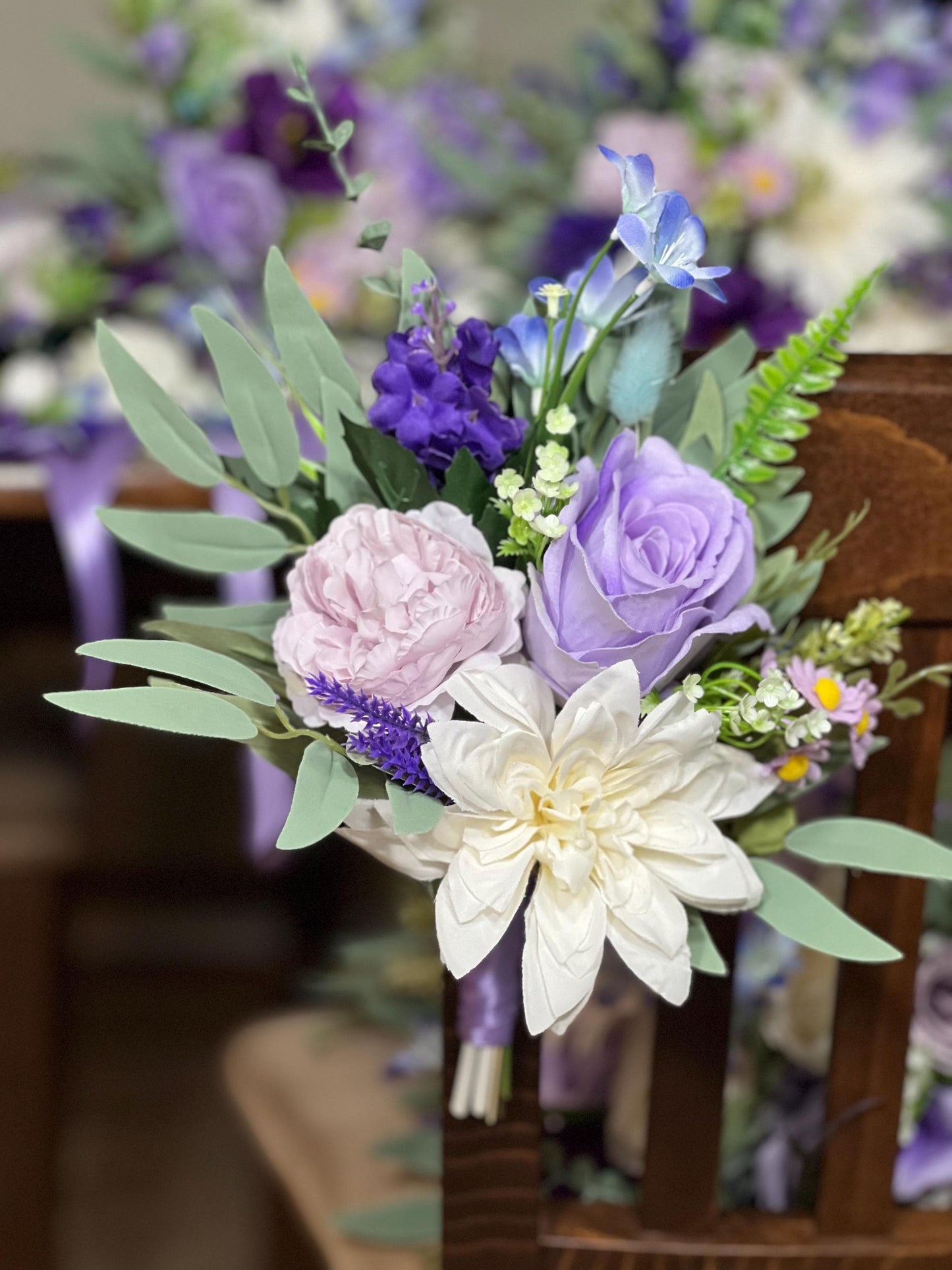 Purple Pew Decor Wedding White Aisle Decoration Purple Ceremony Decor Lavender Chair Decoration White Purple Aisle Marker Wild Flower Violet