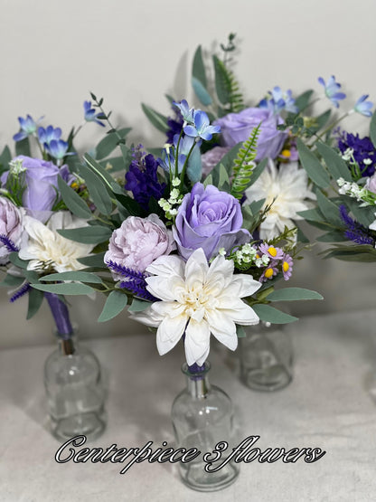 Mini Bouquets for Vases Purple White Centerpiece 3 Flowers Violet Mini Centerpiece Table Decor White Lavender Eucalyptus Plum Centerpiece