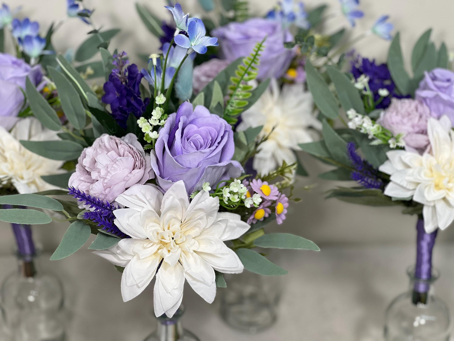 Mini Bouquets for Vases Purple White Centerpiece 3 Flowers Violet Mini Centerpiece Table Decor White Lavender Eucalyptus Plum Centerpiece