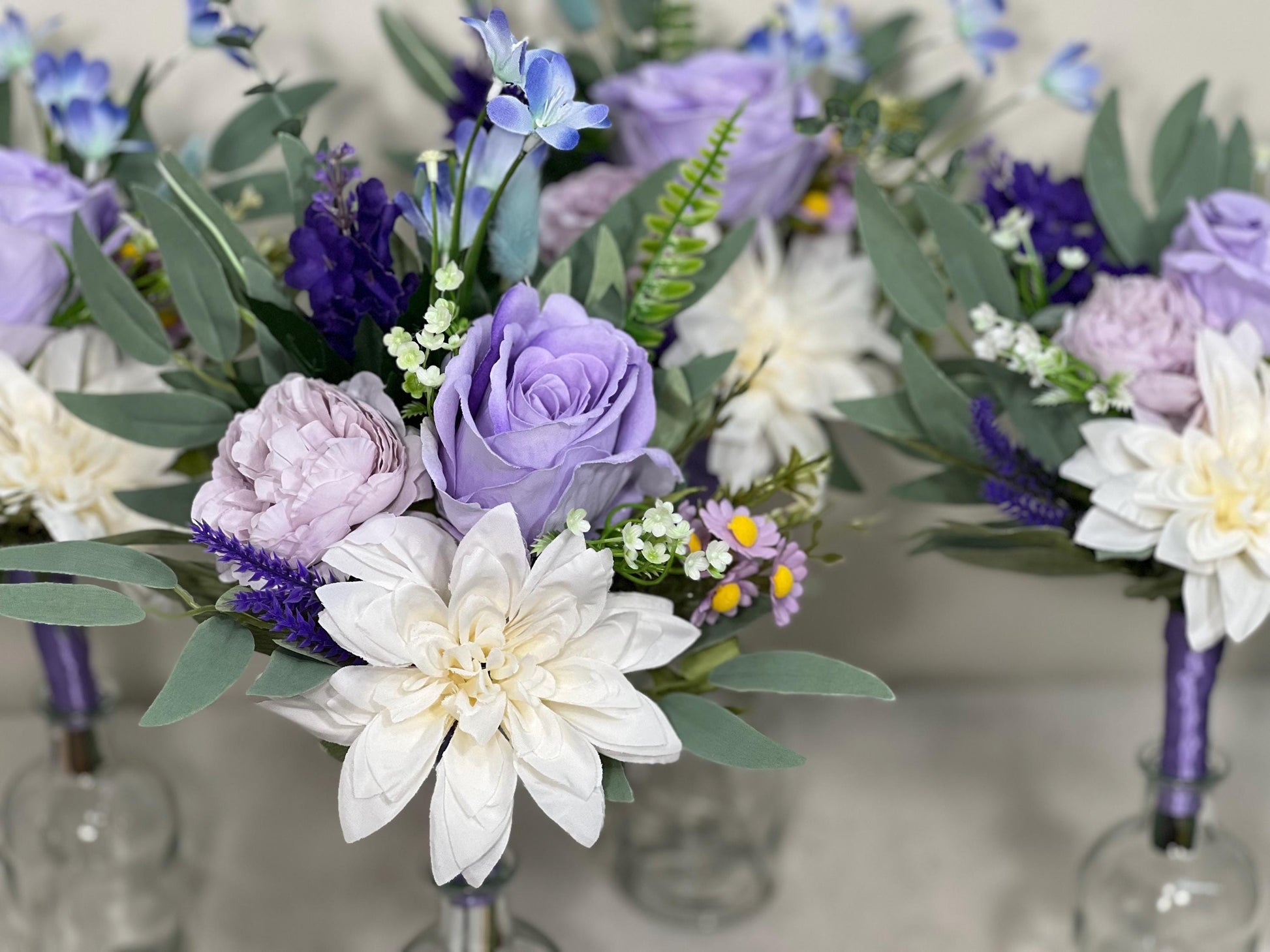 Mini Bouquets for Vases Purple White Centerpiece 3 Flowers Violet Mini Centerpiece Table Decor White Lavender Eucalyptus Plum Centerpiece