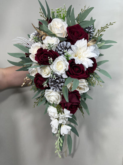 Burgundy White Bouquet Wedding Bridal Burgundy Cascade Bouquet White Burgundy Bouquet Christmas Pine Cone Bouquet Cascading Bouquet Burgundy
