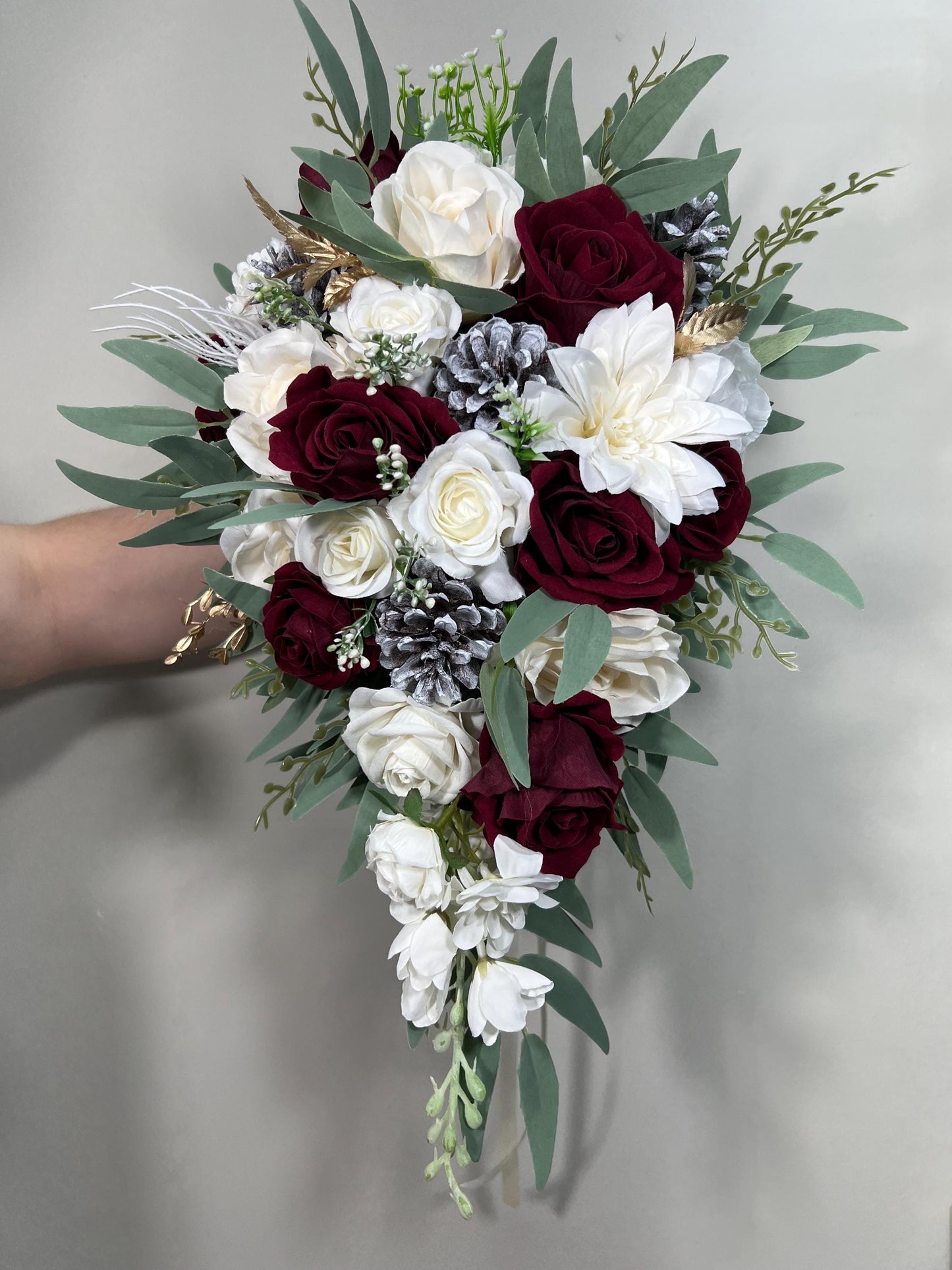 Burgundy White Bouquet Wedding Bridal Burgundy Cascade Bouquet White Burgundy Bouquet Christmas Pine Cone Bouquet Cascading Bouquet Burgundy