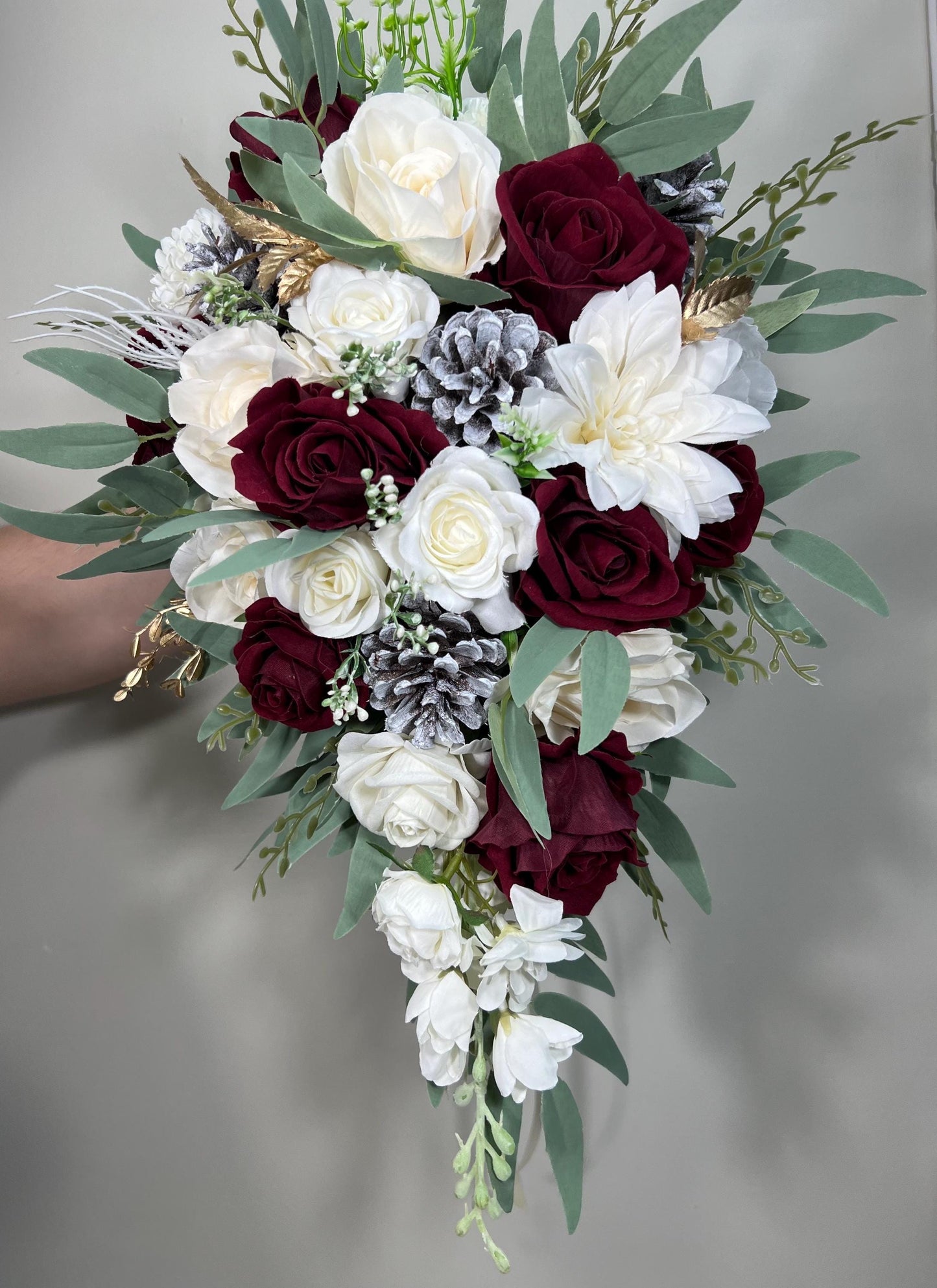 Burgundy White Bouquet Wedding Bridal Burgundy Cascade Bouquet White Burgundy Bouquet Christmas Pine Cone Bouquet Cascading Bouquet Burgundy