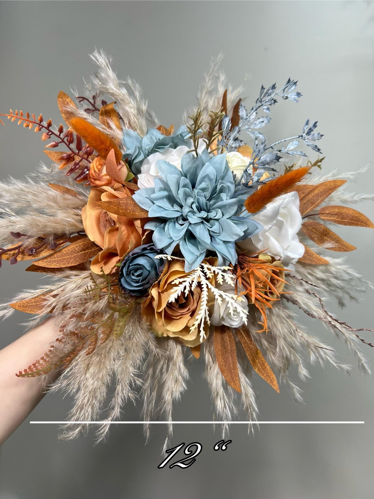 Orange Blue Dusty Bouquet Wedding Boho Terracotta Dusty Blue Bridal Bouquet Burnt Orange Blue Bridesmaids Bouquet Rust Pampas Grass