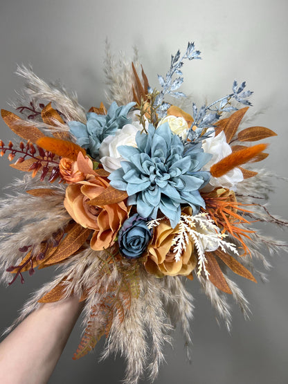 Orange Dusty Blue Bouquet Wedding Boho Terracotta Dusty Blue Bridal Bouquet Burnt Orange Blue Bridesmaids Bouquet Rust Pampas Grass