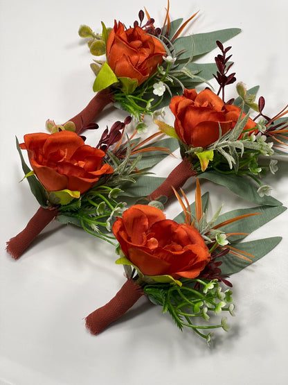 Rust Boutonnière Wedding Groom Terracotta Boutonnieres Groomsmen Burnt Orange Wedding Boutonniere Rust Artificial Flowers