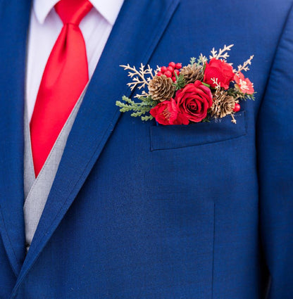 Pocket Boutonniere Christmas Wedding Groom White Red Square Boutonnières Groomsmen Pocket Boutonnière White Winter Boutonniere Pine Cone