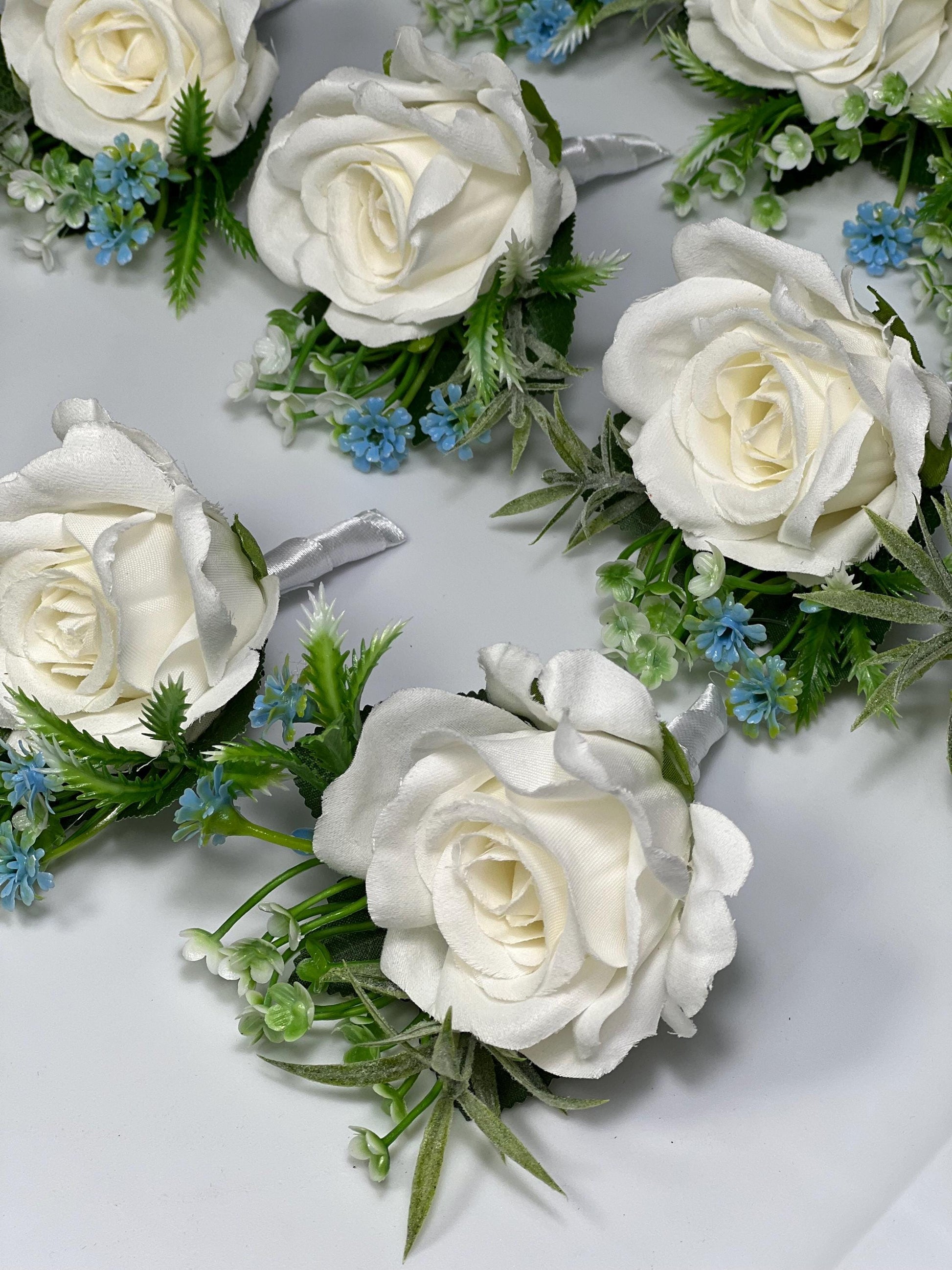 White Boutonniere Wedding Groom Ivory Groomsmen Boutonnière White Artificial Flowers Eucalyptus Blue White Rose Boutonniere Baby Breath Blue