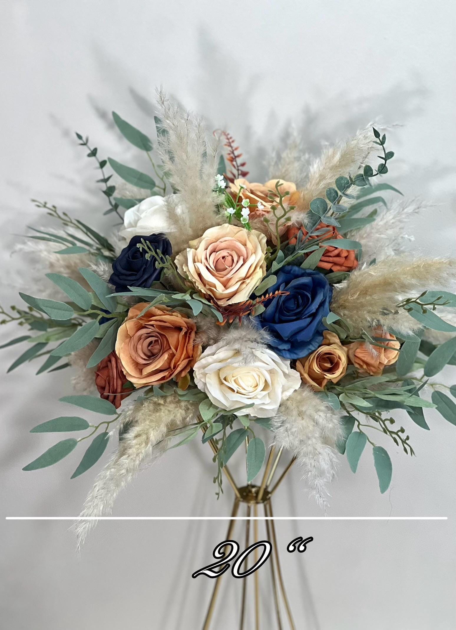 Orange Blue Navy Flower Ball Wedding Boho Centerpiece White Burnt Orange Blue Navy Barrel Decor Table Terracotta Navy Blue Rust Pampas Grass