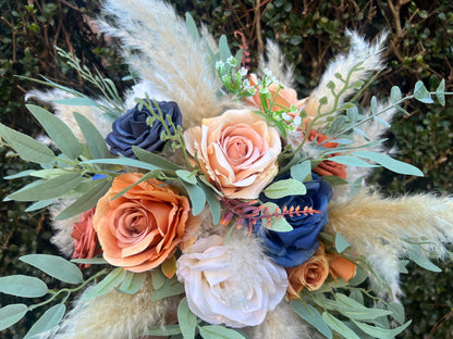 Orange Blue Navy Flower Ball Wedding Boho Centerpiece White Burnt Orange Blue Navy Barrel Decor Table Terracotta Navy Blue Rust Pampas Grass