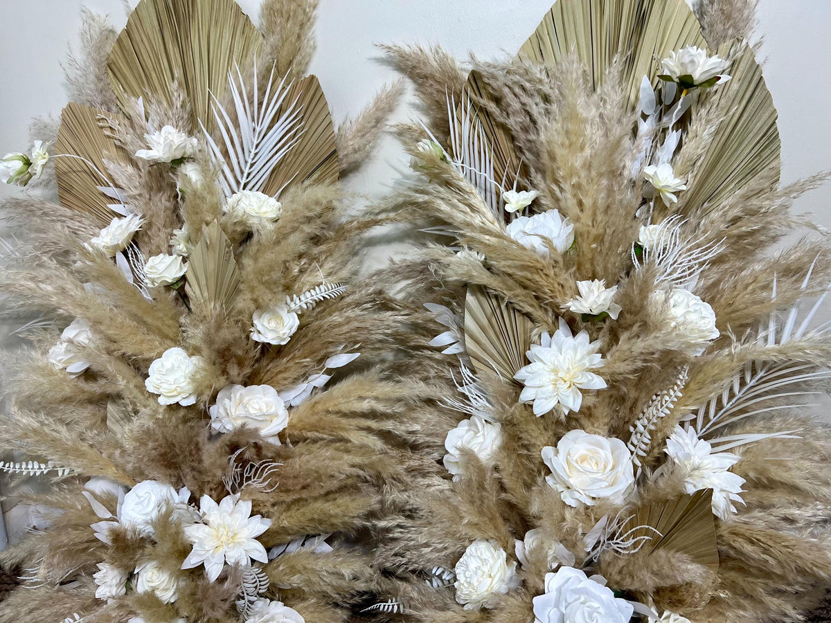 Set of 2 Wedding Aisle Marker Flower Floor Arrangement Whiskey Barrel Décor White Boho Ground Pampas Grass Dried Palm Leaves Natural Reddit