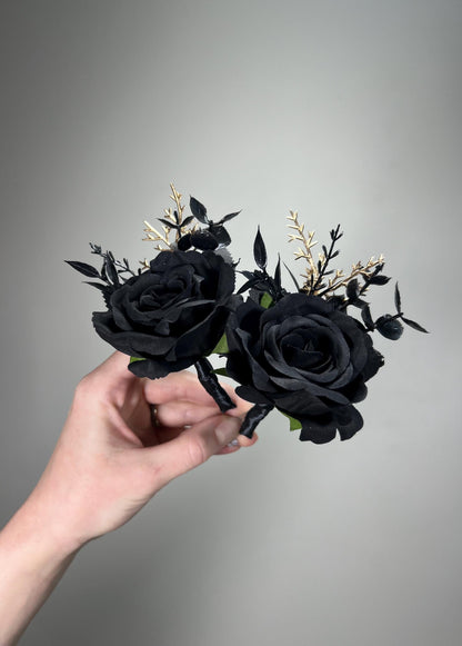 Black Corsage Wedding Black Gold Wrist Corsage Gothic Black Corsage Bridesmaids Gold Black Prom Corsage Mom Black Artificial Flowers