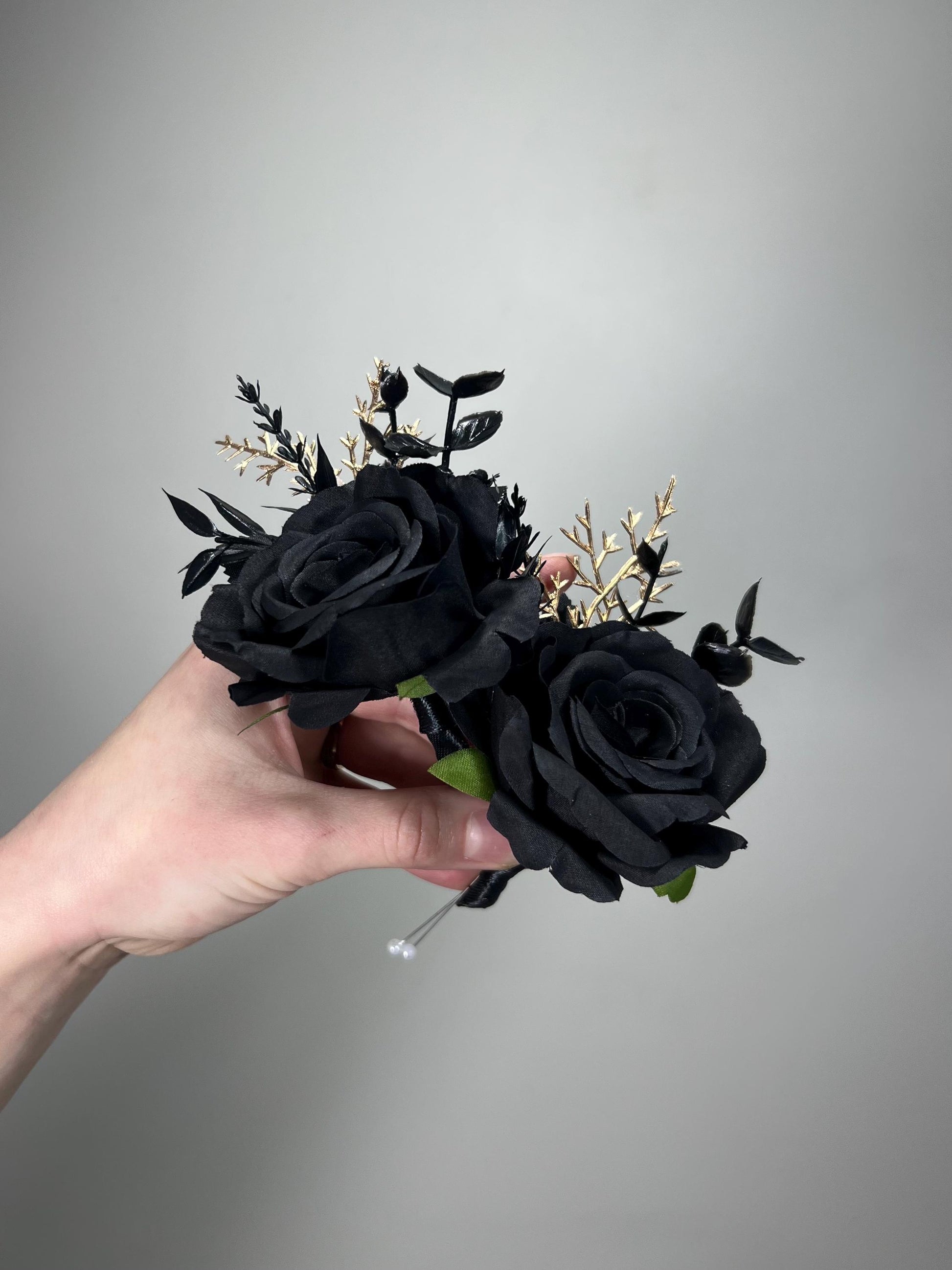 Black Corsage Wedding Black Gold Wrist Corsage Gothic Black Corsage Bridesmaids Gold Black Prom Corsage Mom Black Artificial Flowers