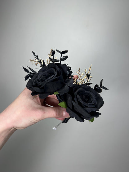 Black Corsage Wedding Black Gold Wrist Corsage Gothic Black Corsage Bridesmaids Gold Black Prom Corsage Mom Black Artificial Flowers
