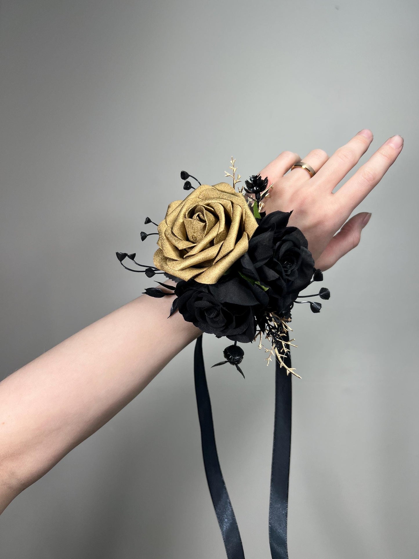 Black Gold Corsage Wedding Black Gothic Corsage Black Gold Mom Wrist Corsage Artificial Flowers Black Gold Wrist Corsage