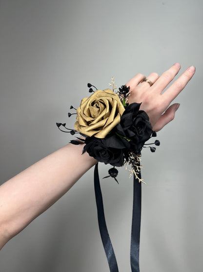 Black Gold Corsage Wedding Black Gothic Corsage Black Gold Mom Wrist Corsage Artificial Flowers Black Gold Wrist Corsage