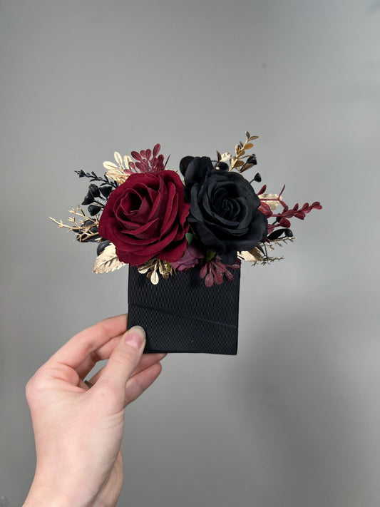 Black Burgundy Pocket Boutonniere Wedding Black Gold Burgundy Square Boutonniere Groom Burgundy Black Gold Pocket Boutonniere Groomsmen