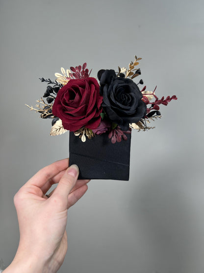 Black Burgundy Pocket Boutonniere Wedding Black Gold Burgundy Square Boutonniere Groom Burgundy Black Gold Pocket Boutonniere Groomsmen