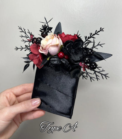 Black Burgundy Pocket Boutonniere Wedding Black Gold Burgundy Square Boutonniere Groom Burgundy Black Gold Pocket Boutonniere Groomsmen