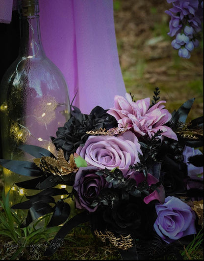 Wedding Bouquet Black Purple Bridal Gothic Bouquet Black Dark Purple Bridesmaids Bouquet Black Purple Calla Lily Gold Artificial Flower