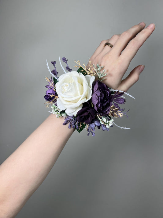 Plum Corsage Wedding White Plum Wrist Corsages Ivory Bridesmaids Dark Purple Corsage White Plum Artificial Flowers Silk Corsage Prom Plum