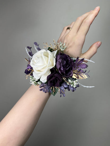 Plum Corsage Wedding White Plum Wrist Corsages Ivory Bridesmaids Dark Purple Corsage White Plum Artificial Flowers Silk Corsage Prom Plum