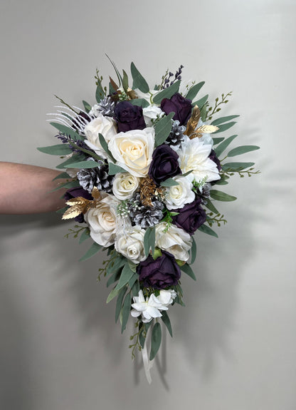 Plum Bouquet Wedding White Dark Purple Bridal Bouquet Cascade Plum Bridesmaids Cascading Bouquet White Plum Christmas Bouquet Pine Cone