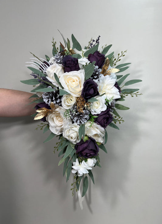 Plum Bouquet Wedding White Dark Purple Bridal Bouquet Cascade Plum Bridesmaids Cascading Bouquet White Plum Christmas Bouquet Pine Cone