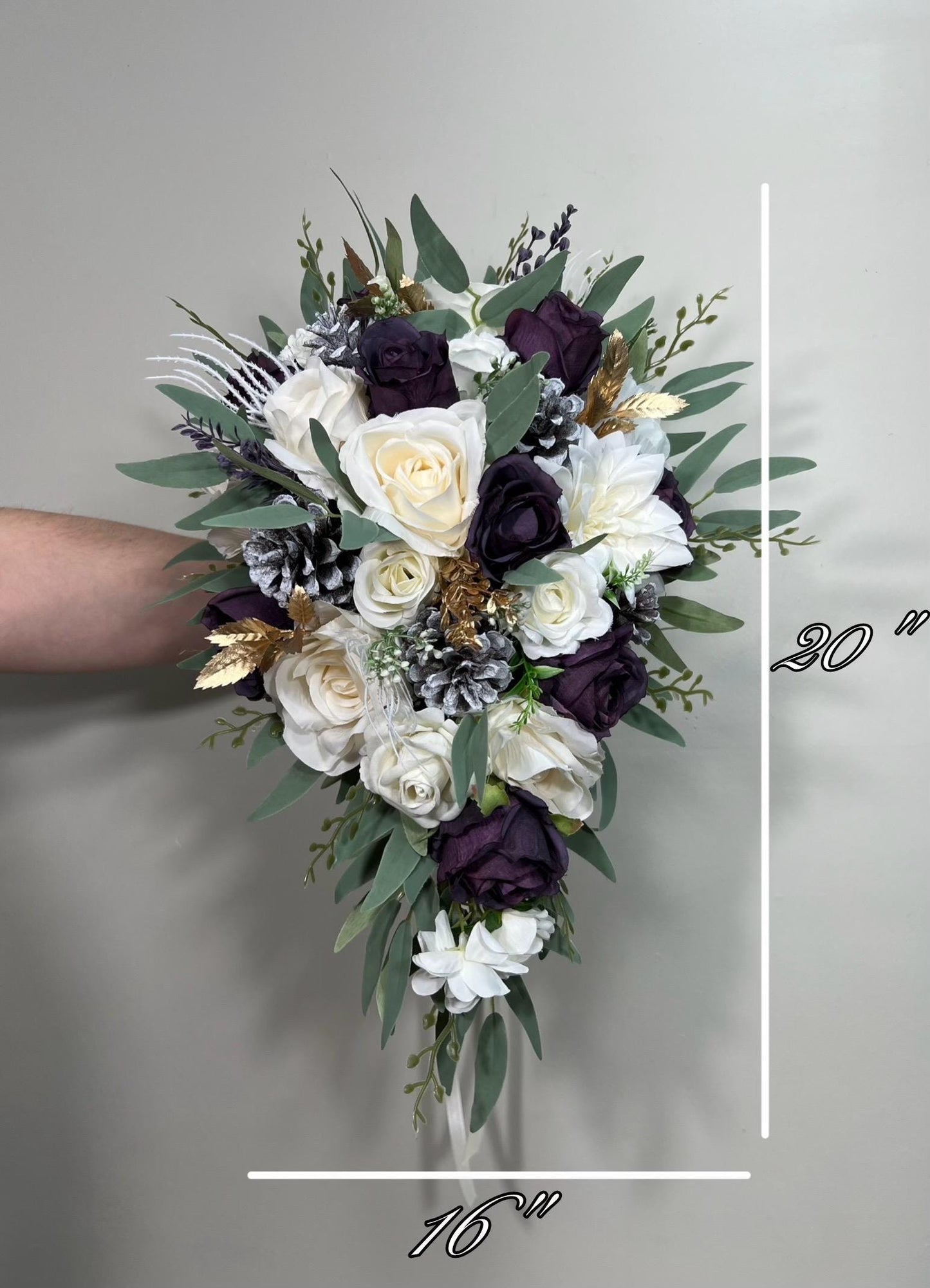 Plum Bouquet Wedding White Dark Purple Bridal Bouquet Cascade Plum Bridesmaids Cascading Bouquet White Plum Christmas Bouquet Pine Cone