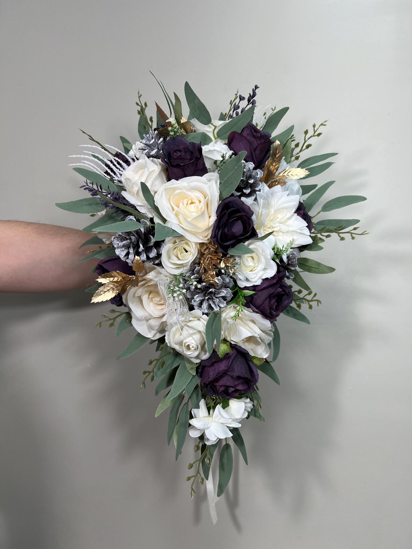 Plum Bouquet Wedding White Dark Purple Bridal Bouquet Cascade Plum Bridesmaids Cascading Bouquet White Plum Christmas Bouquet Pine Cone