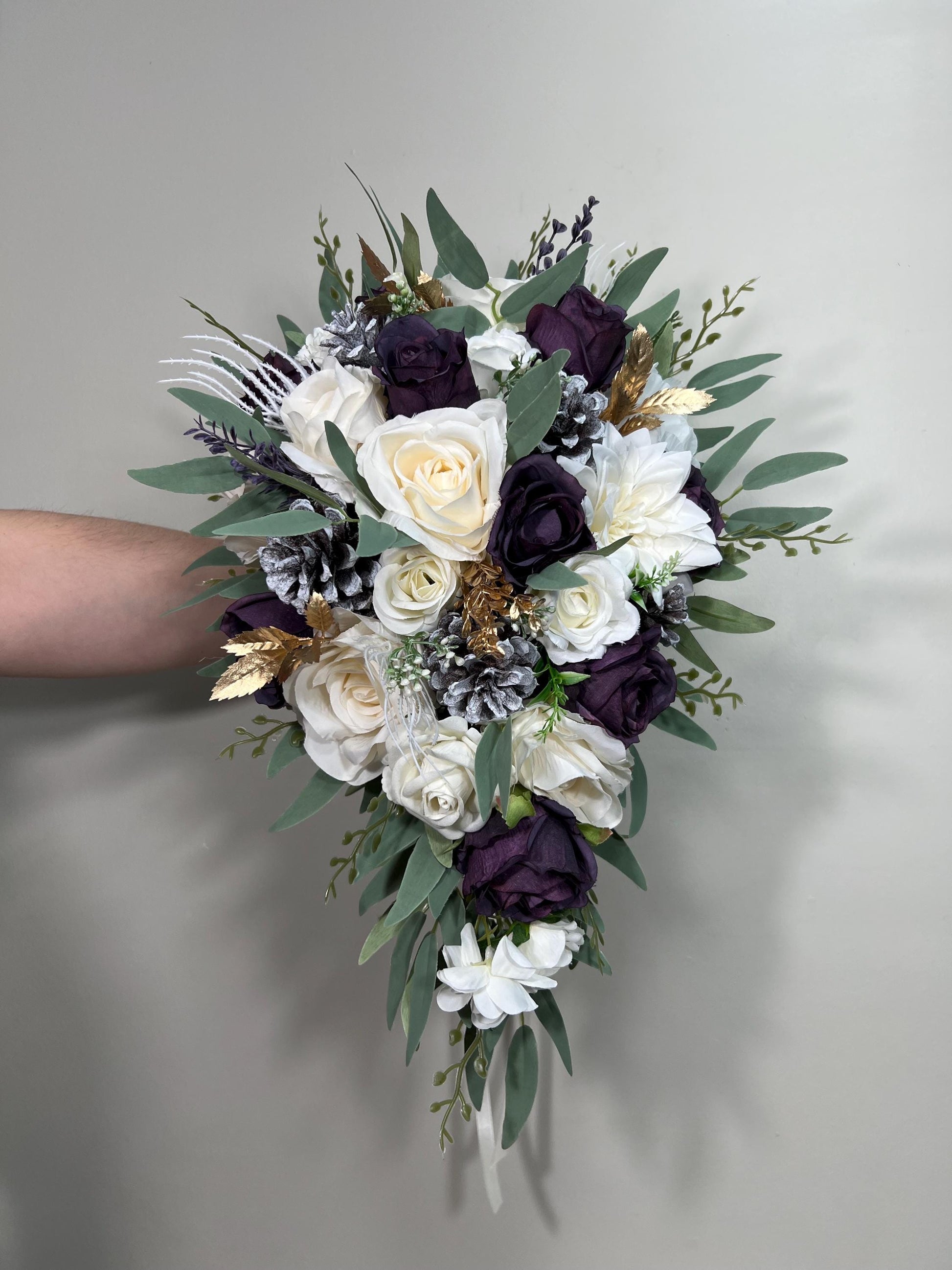 Plum Bouquet Wedding White Dark Purple Bridal Bouquet Cascade Plum Bridesmaids Cascading Bouquet White Plum Christmas Bouquet Pine Cone