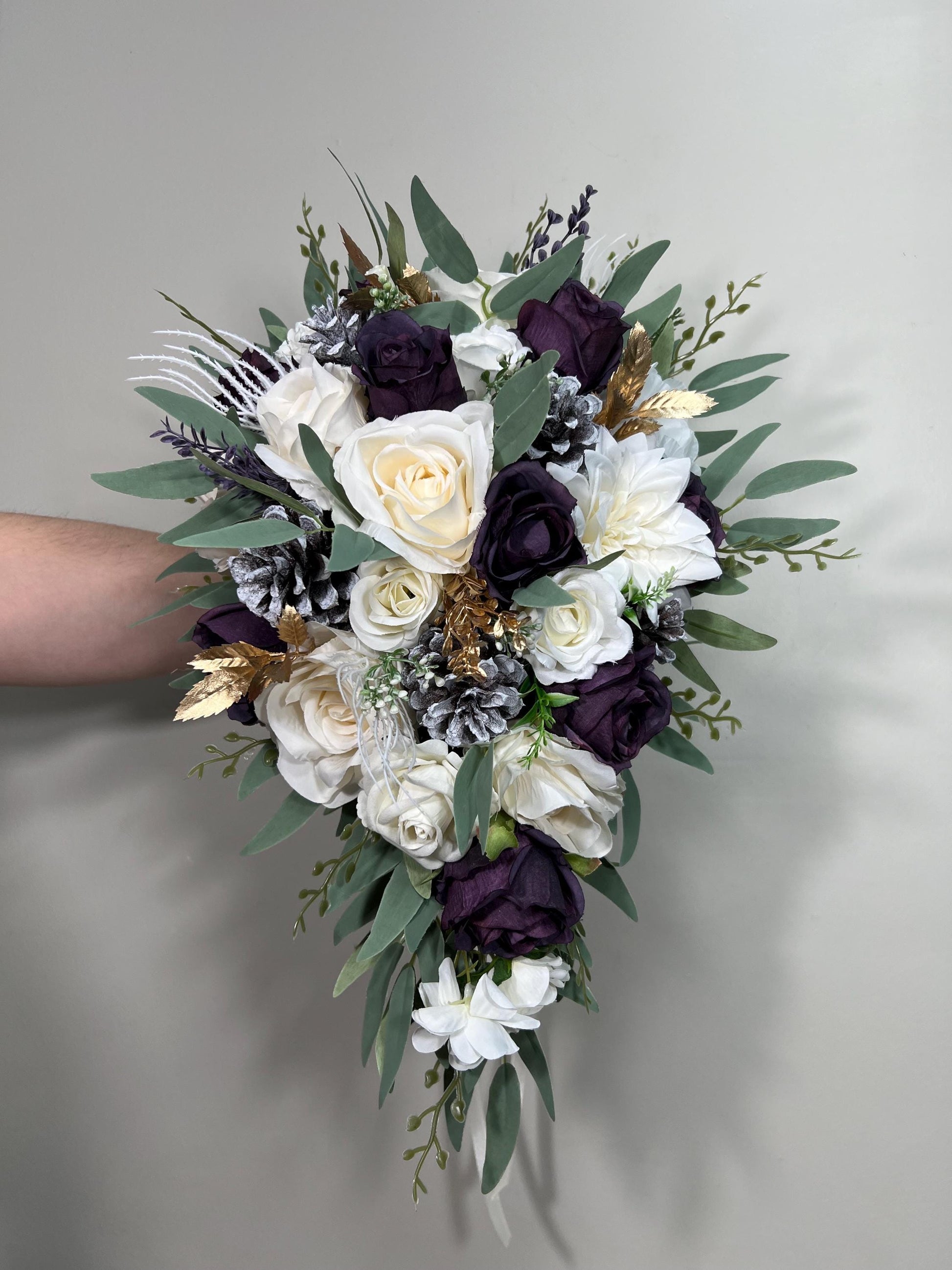 Plum Bouquet Wedding White Dark Purple Bridal Bouquet Cascade Plum Bridesmaids Cascading Bouquet White Plum Christmas Bouquet Pine Cone