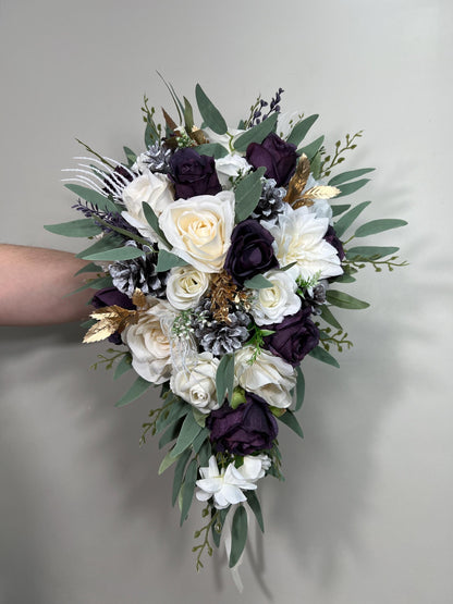 Plum Bouquet Wedding White Dark Purple Bridal Bouquet Cascade Plum Bridesmaids Cascading Bouquet White Plum Christmas Bouquet Pine Cone