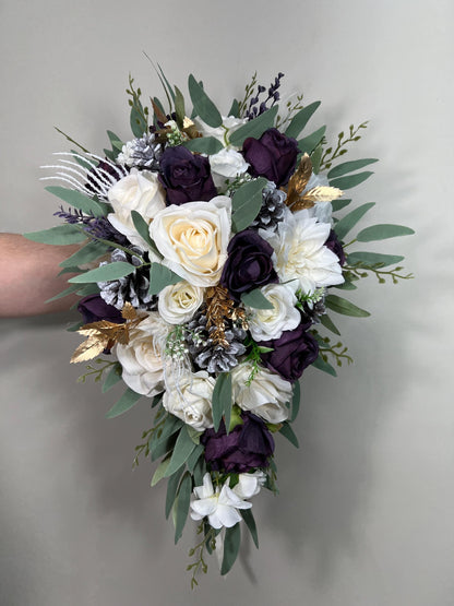Plum Bouquet Wedding White Dark Purple Bridal Bouquet Cascade Plum Bridesmaids Cascading Bouquet White Plum Christmas Bouquet Pine Cone
