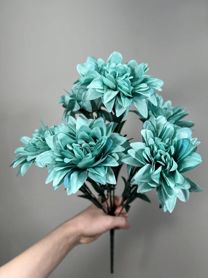 Teal Flowers 1 Bunch Artificial Wedding Teal Flower Heads with Stems Turquoise Flowets Silk Head Dahlia Teal Blue Flowers Wedding DIY