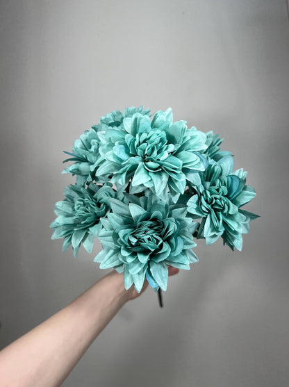 Teal Flowers 1 Bunch Artificial Wedding Teal Flower Heads with Stems Turquoise Flowets Silk Head Dahlia Teal Blue Flowers Wedding DIY