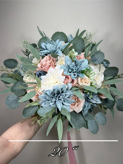 Blue Pink Bouquet Wedding Bridal Bouquet Dusty Blue White Bouquet Ivory Bridesmaids Blush Dusty Blue Bouquet Dusty Rose Artificial Flower