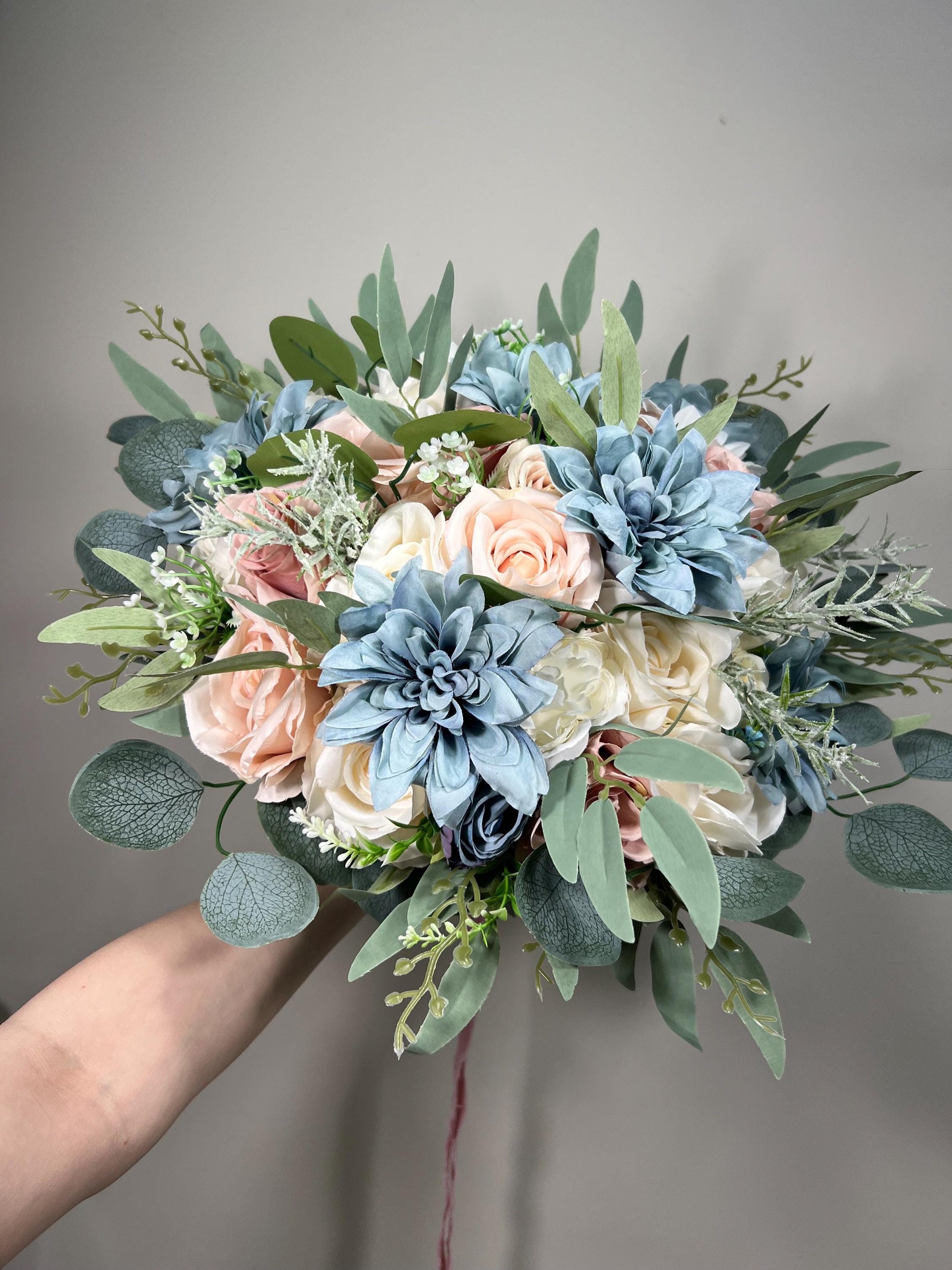 Dusty Blue Pink Bouquet Wedding Bridal Blue Pink Bouquet Dusty Blue Blush Pink Bouquet Bridesmaids Dusty Rose White Blue Bouquet Artificial