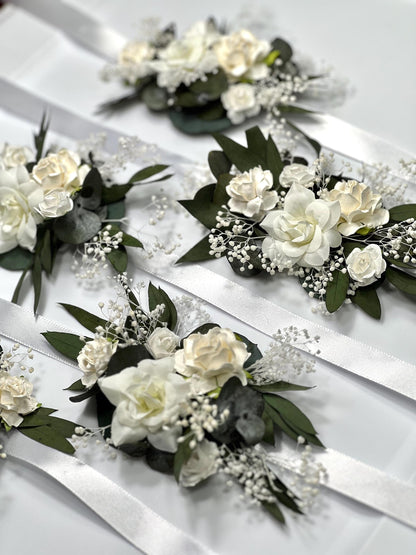 White Corsage Wedding Eucalyptus Corsage Wrist Corsage Bridesmaids White Mom Corsage Ivory Baby Breath Accessories Artificial Flower