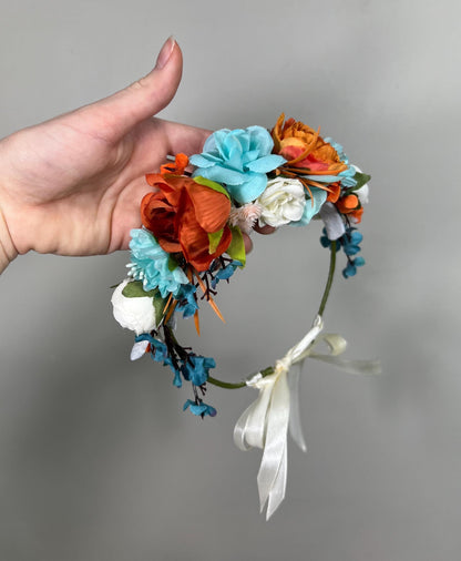 Teal Flower Crown Wedding Bridal Floral Headband Teal Burnt Orange Adult Crown Terracotta Turquoise Wreath Toddlet Crown Children Rust Teal