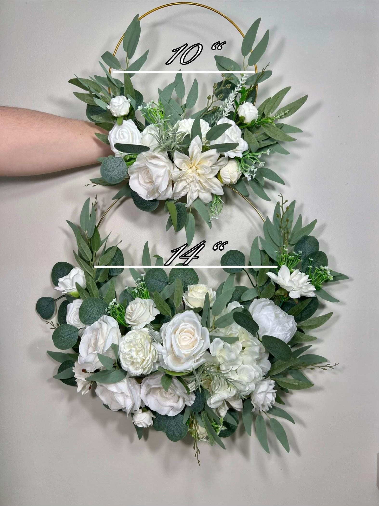 Wedding Hoop White Bridal Ivory Hoop Classic Bridesmaids Ring Wreath Flower Girl Hoop White Eucalyptus Artificial Flower Flower Hoop