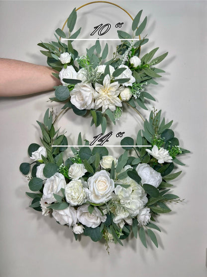 Wedding Hoop White Bridal Ivory Hoop Classic Bridesmaids Ring Wreath Flower Girl Hoop White Eucalyptus Artificial Flower Flower Hoop