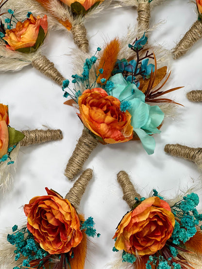 Orange Boutonniere Wedding Turquoise Groom Teal Boutonnière Terracotta Groomsmen Blue Rust Boutonnière Groom Aque Blue Pampas Grass