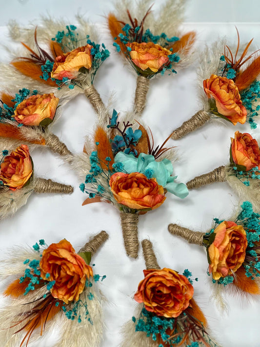 Orange Boutonniere Wedding Turquoise Groom Teal Boutonnière Terracotta Groomsmen Blue Rust Boutonnière Groom Aque Blue Pampas Grass