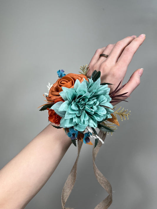 Teal Orange Corsage Wedding Turquoise Terracotta Cordage Bridesmaids Teal Blue Rust Corsage Aque Blue Burnt Orange Corsage Mom Artificial